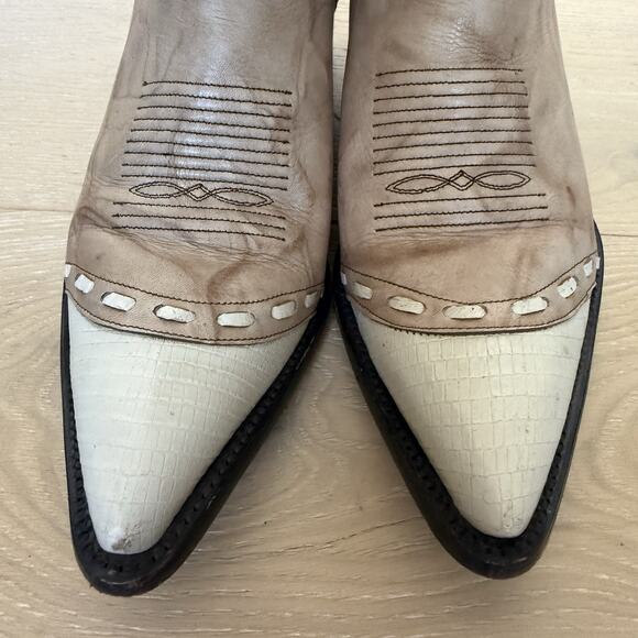 VTG Rudel Cowboy Boots Men's 8.5 EE 2 Tone Cream Pointed Toe Western - Picture 5 of 8